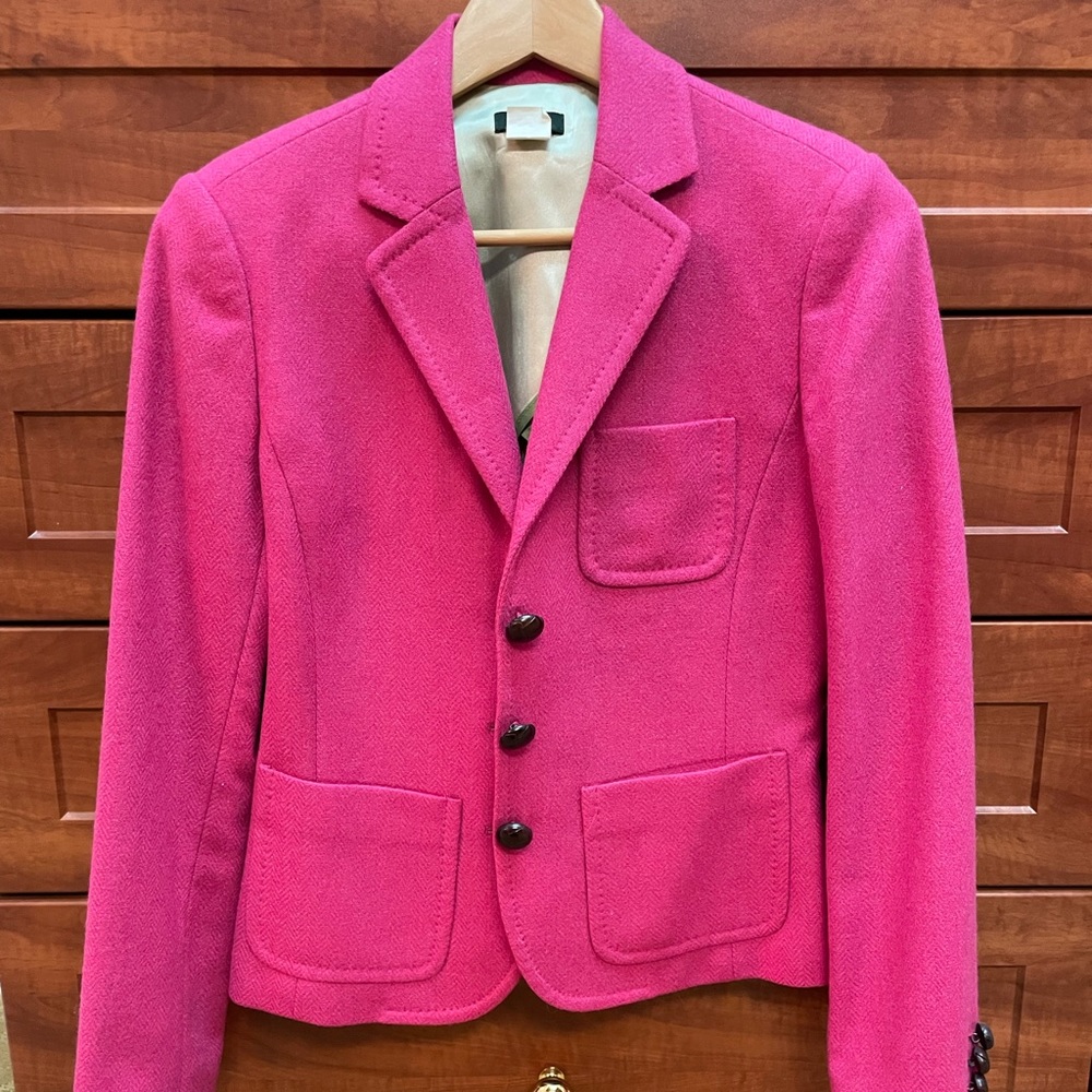 EUC J. Crew pink wool blazer with leather buttons and patch pockets